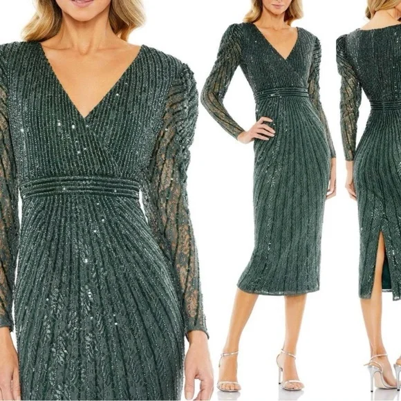 Mac Duggal 93676 Beaded Lace Long Sleeve Midi Dress Deep Green Formal NWT - Picture 2 of 5